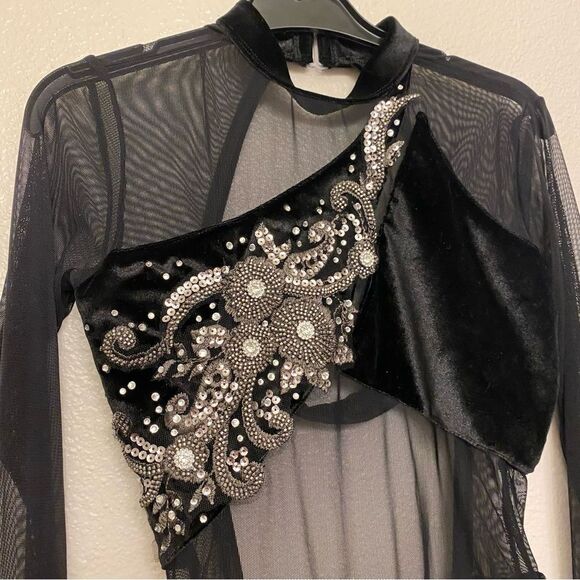 LA dance designs Solo dance custom black velvet mesh costume embellished SA - Picture 5 of 10